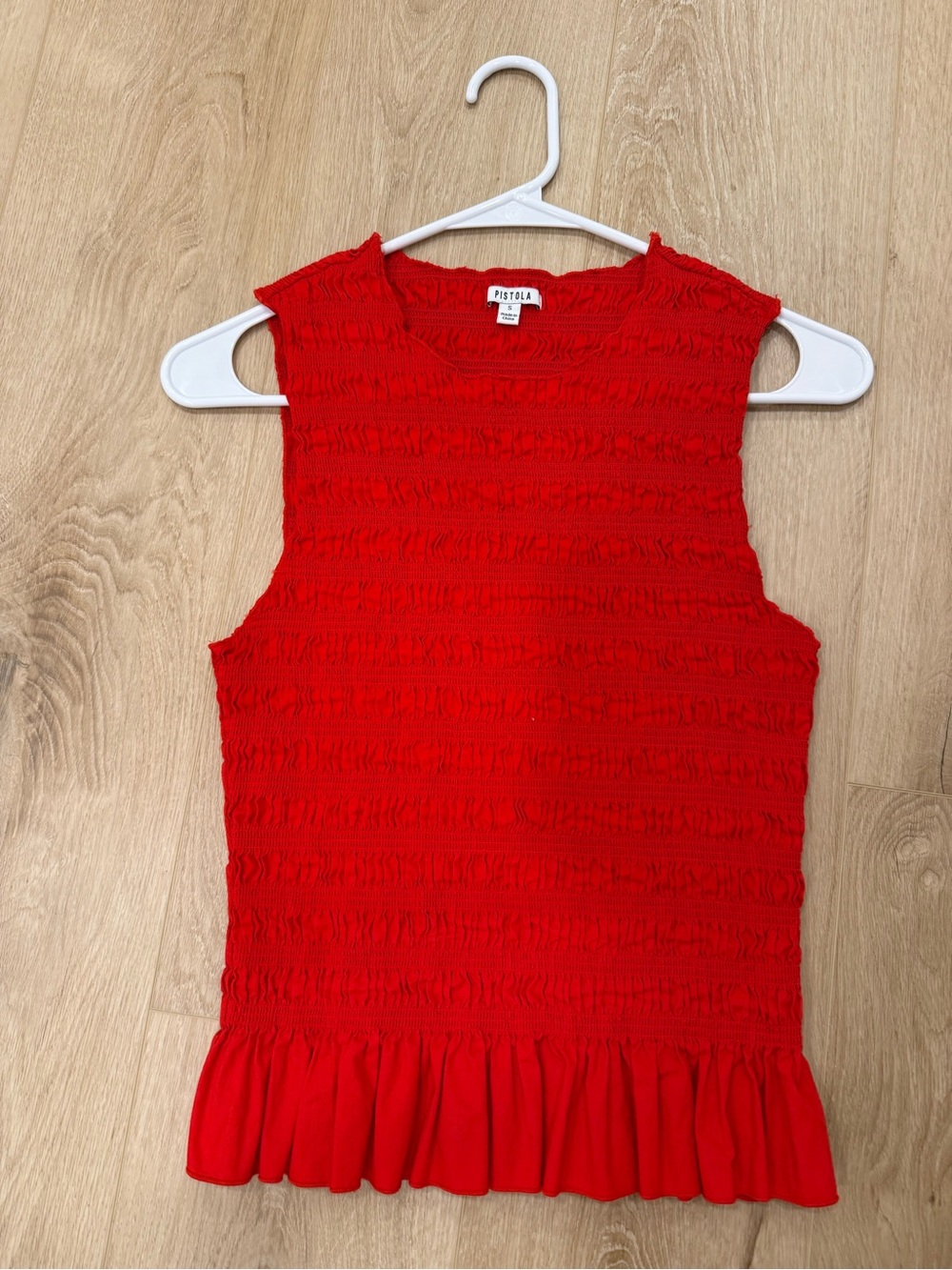 pistola Red Smocked Sleeveless Tank with Ruffle Hem